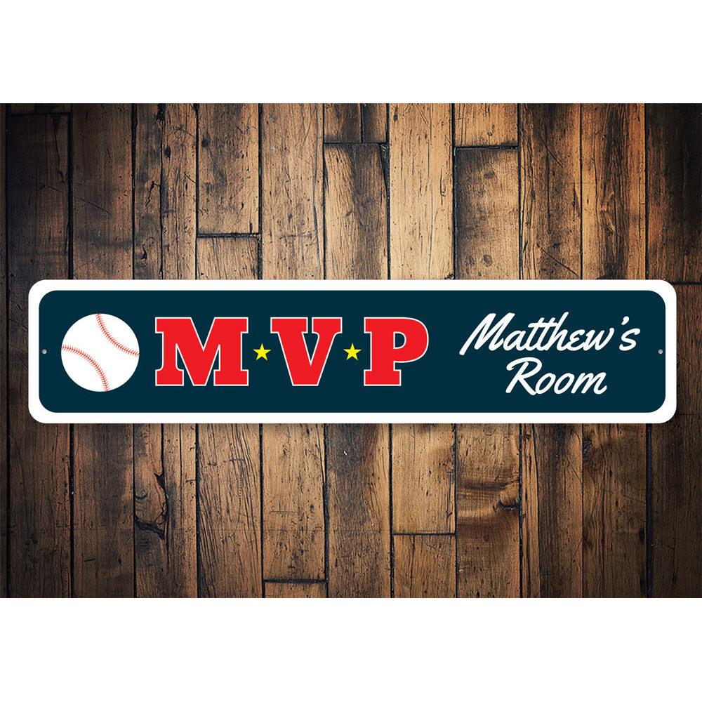 Baseball MVP Sign made of durable aluminum, featuring customizable text and pre-drilled holes for easy mounting, perfect for kids' rooms.