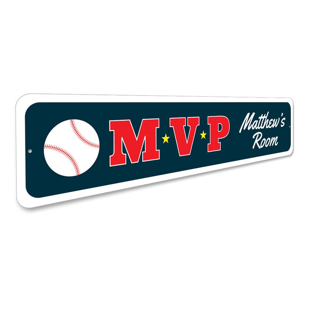 Baseball MVP Sign made of durable aluminum, featuring customizable text and pre-drilled holes for easy mounting, perfect for kids' rooms.