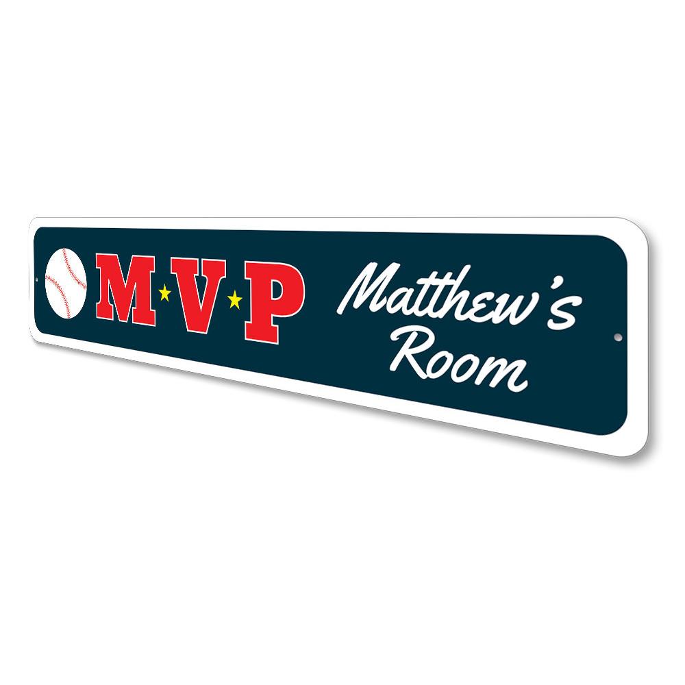 Baseball MVP Sign made of durable aluminum, featuring customizable text and pre-drilled holes for easy mounting, perfect for kids' rooms.