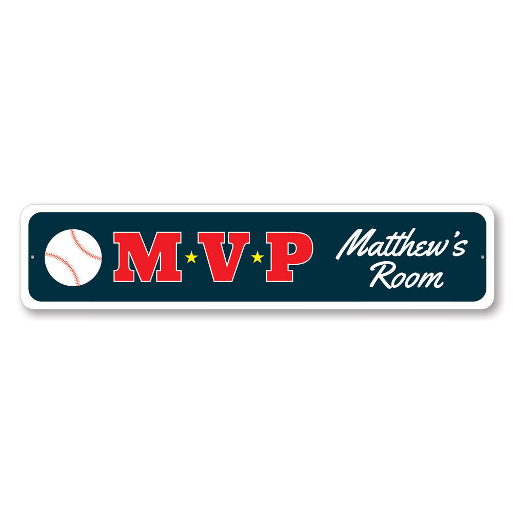 Baseball MVP Sign made of durable aluminum, featuring customizable text and pre-drilled holes for easy mounting, perfect for kids' rooms.