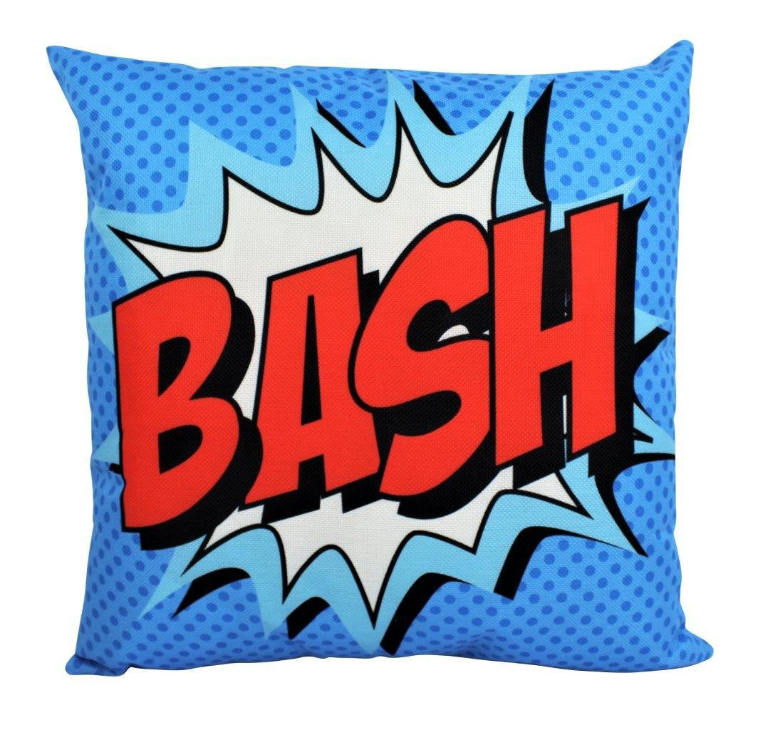 BASH Anime Pillow Cover featuring a vibrant comic design with 'Bash!' text on a blue background, perfect for children's superhero-themed decor.