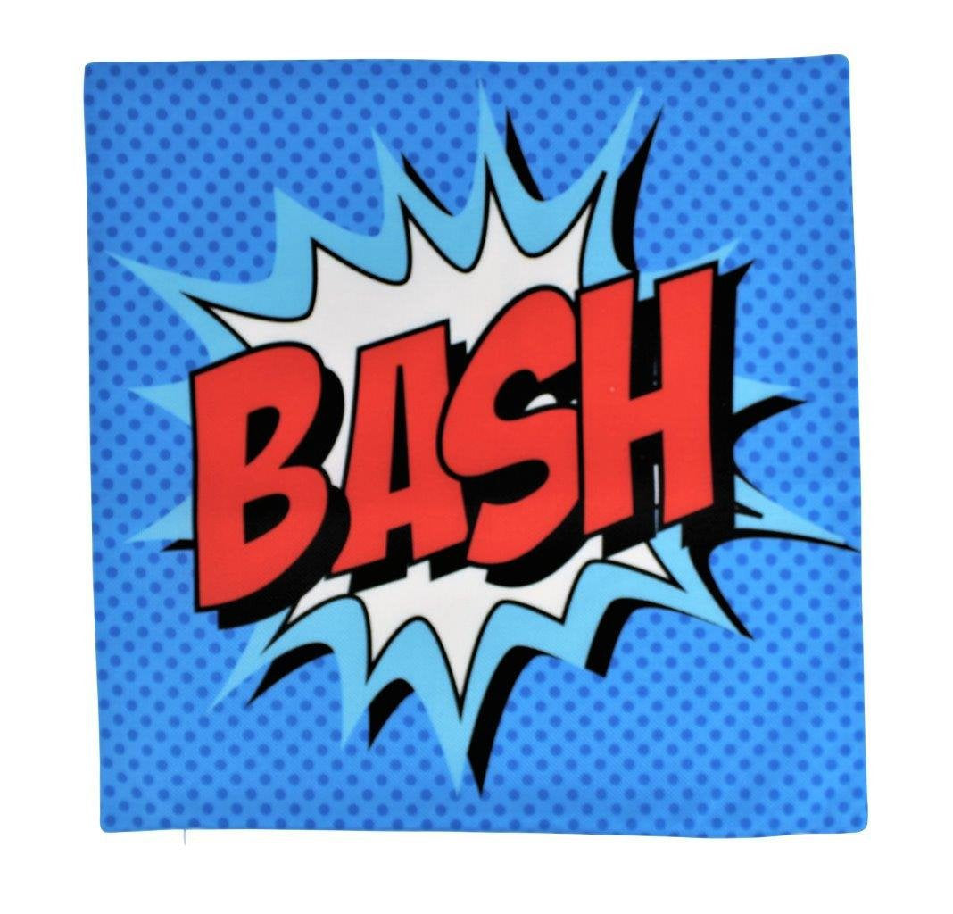 BASH Anime Pillow Cover featuring a vibrant comic design with 'Bash!' text on a blue background, perfect for children's superhero-themed decor.