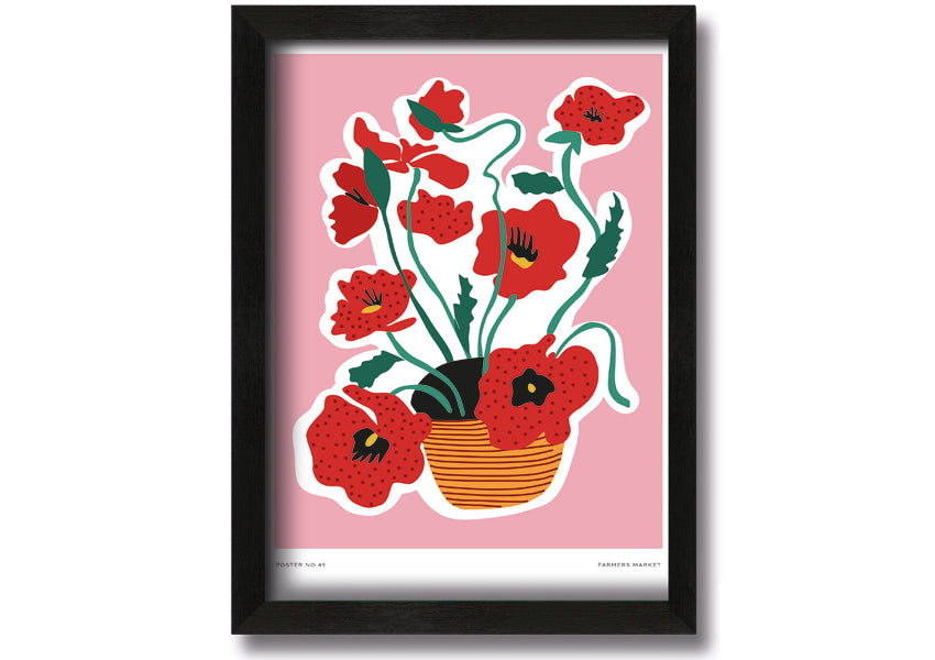 A beautifully framed print of vibrant poppies in a decorative basket, showcasing multiple frame color options.