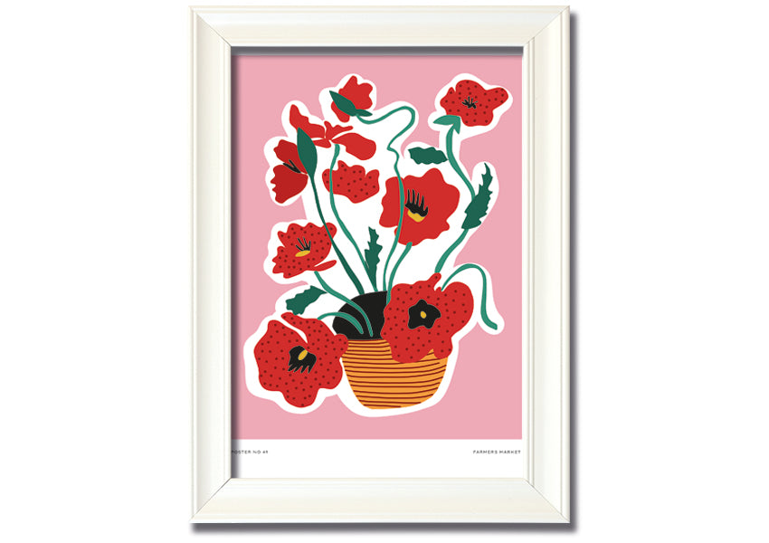 A beautifully framed print of vibrant poppies in a decorative basket, showcasing multiple frame color options.