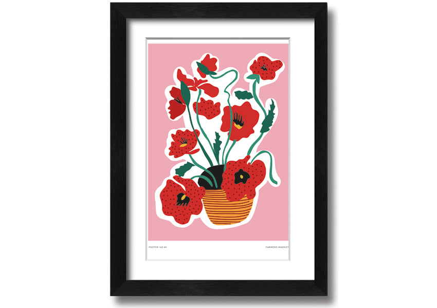 A beautifully framed print of vibrant poppies in a decorative basket, showcasing multiple frame color options.