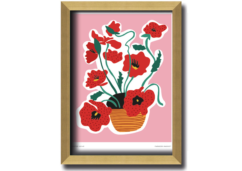 A beautifully framed print of vibrant poppies in a decorative basket, showcasing multiple frame color options.