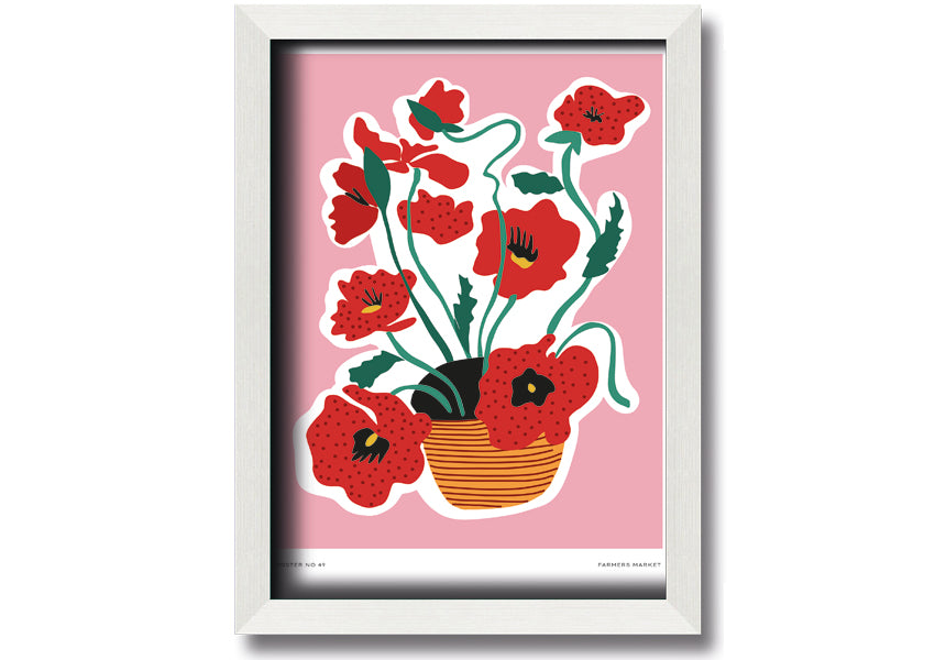 A beautifully framed print of vibrant poppies in a decorative basket, showcasing multiple frame color options.