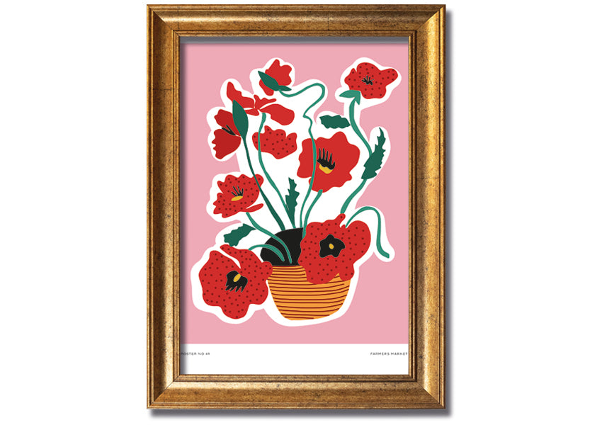 A beautifully framed print of vibrant poppies in a decorative basket, showcasing multiple frame color options.