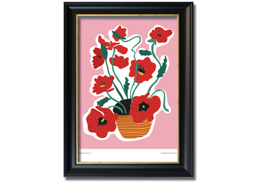 A beautifully framed print of vibrant poppies in a decorative basket, showcasing multiple frame color options.