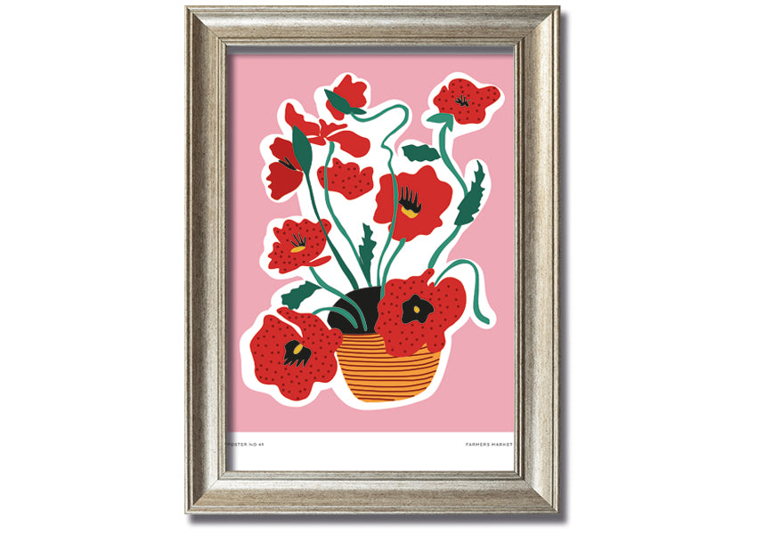 A beautifully framed print of vibrant poppies in a decorative basket, showcasing multiple frame color options.