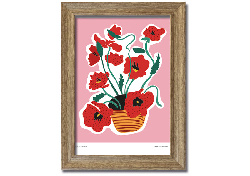 A beautifully framed print of vibrant poppies in a decorative basket, showcasing multiple frame color options.