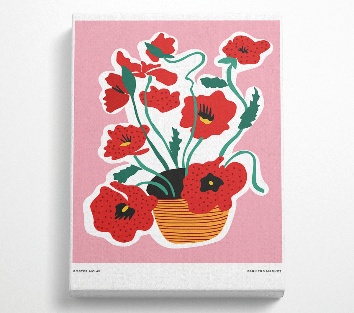 A vibrant artwork featuring a basket of red poppies printed on coated polyester canvas, mounted on a sleek 44mm box frame, ready to hang.