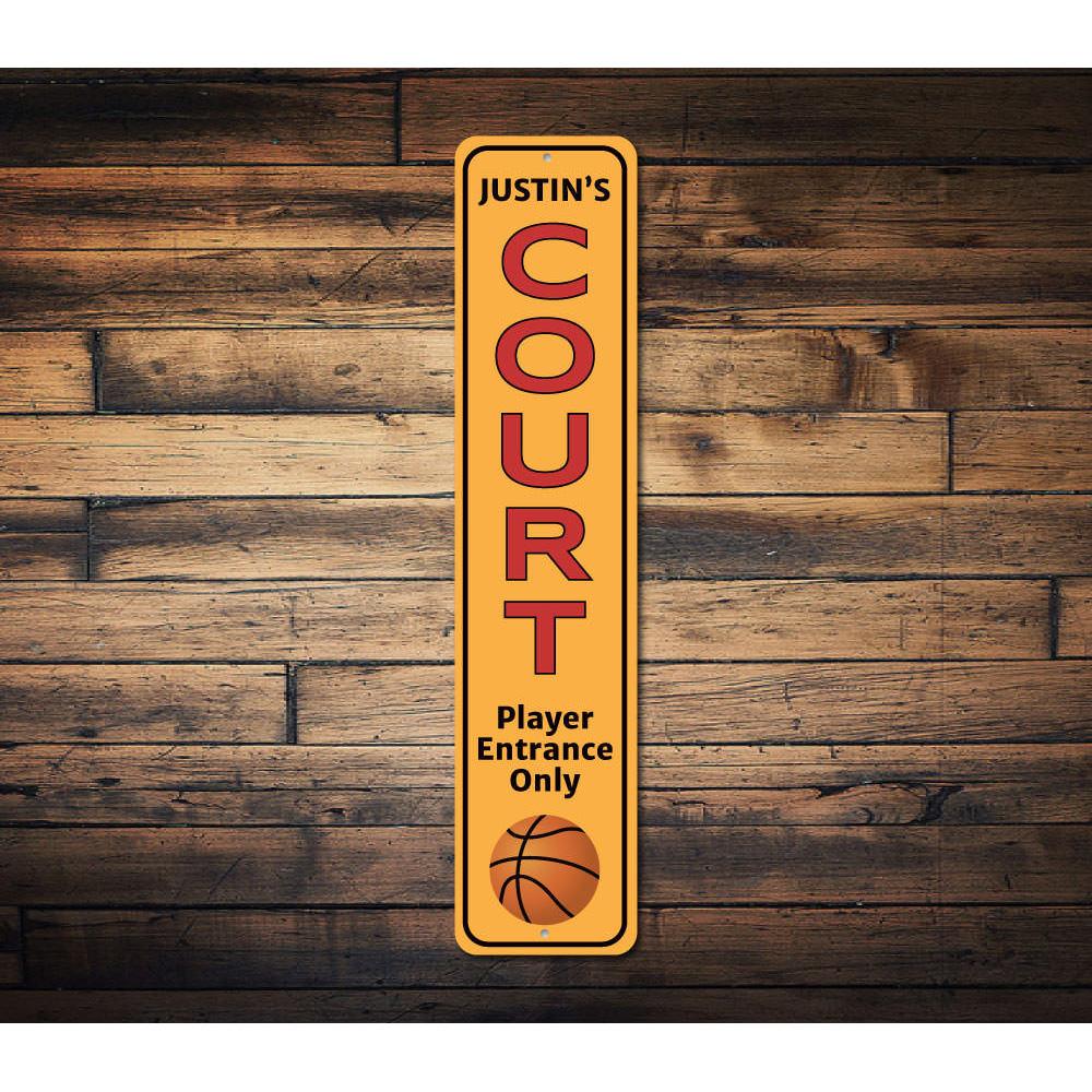 Basketball Court Vertical Sign featuring vibrant colors and customizable text, perfect for kids' rooms and sports enthusiasts.