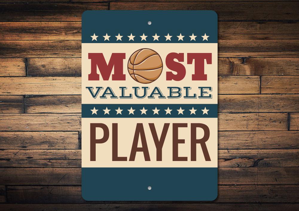 Basketball MVP Sign made of high-quality aluminum, featuring vibrant colors and a customizable design, perfect for sports enthusiasts.