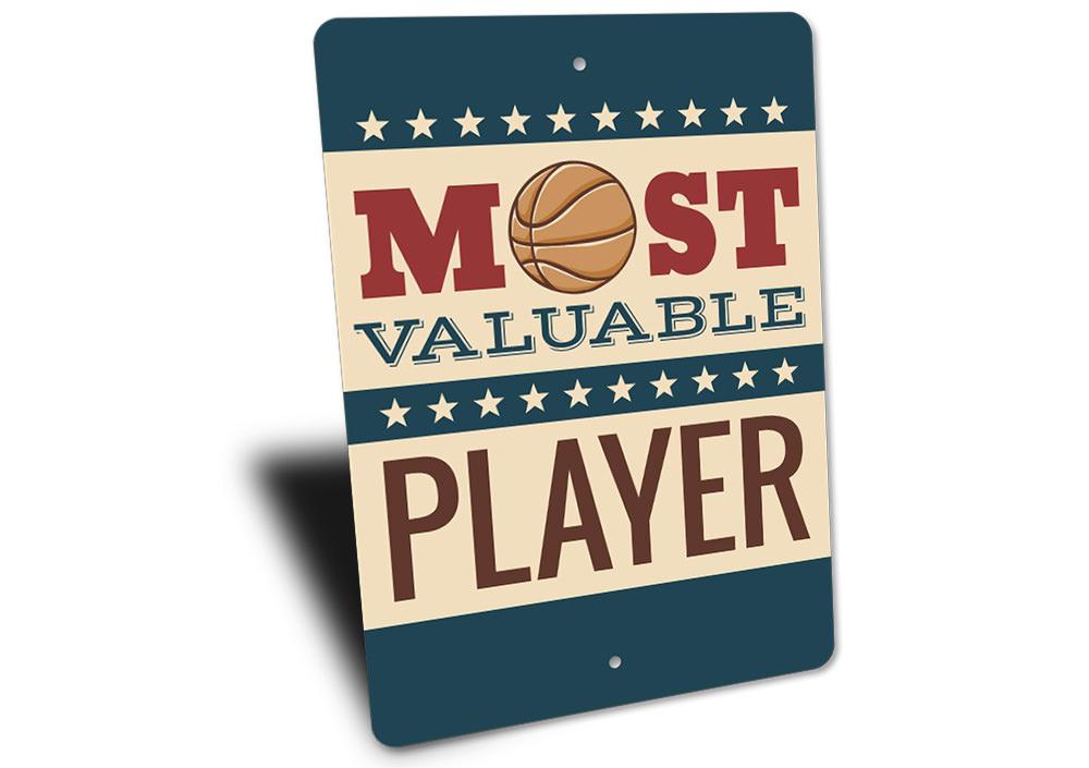 Basketball MVP Sign made of high-quality aluminum, featuring vibrant colors and a customizable design, perfect for sports enthusiasts.