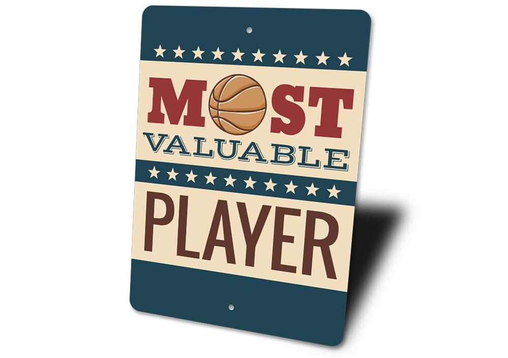 Basketball MVP Sign made of high-quality aluminum, featuring vibrant colors and a customizable design, perfect for sports enthusiasts.