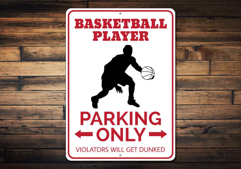 Basketball Player Parking Sign made of durable aluminum, featuring a vibrant design for reserved parking spots.