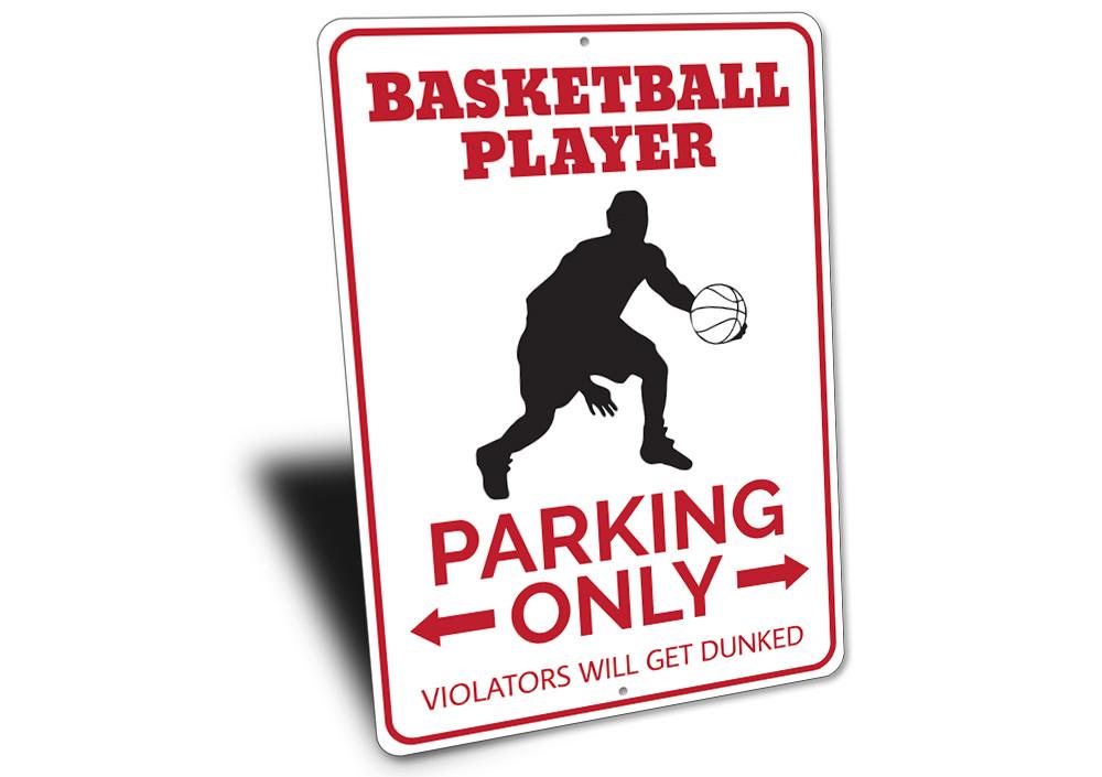 Basketball Player Parking Sign made of durable aluminum, featuring a vibrant design for reserved parking spots.