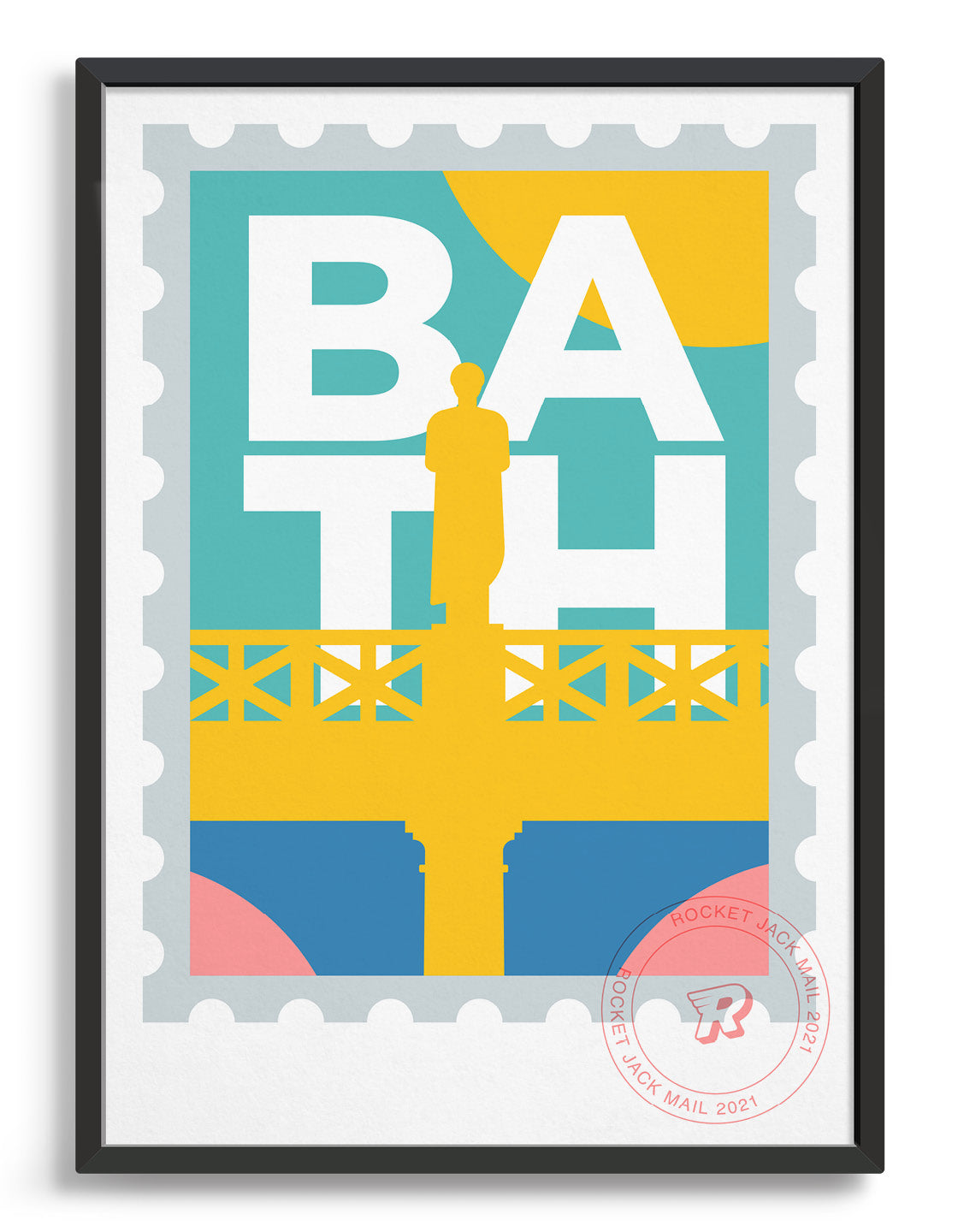 A beautifully designed Bath city stamp poster showcasing the iconic architecture and scenery of Bath, Somerset.