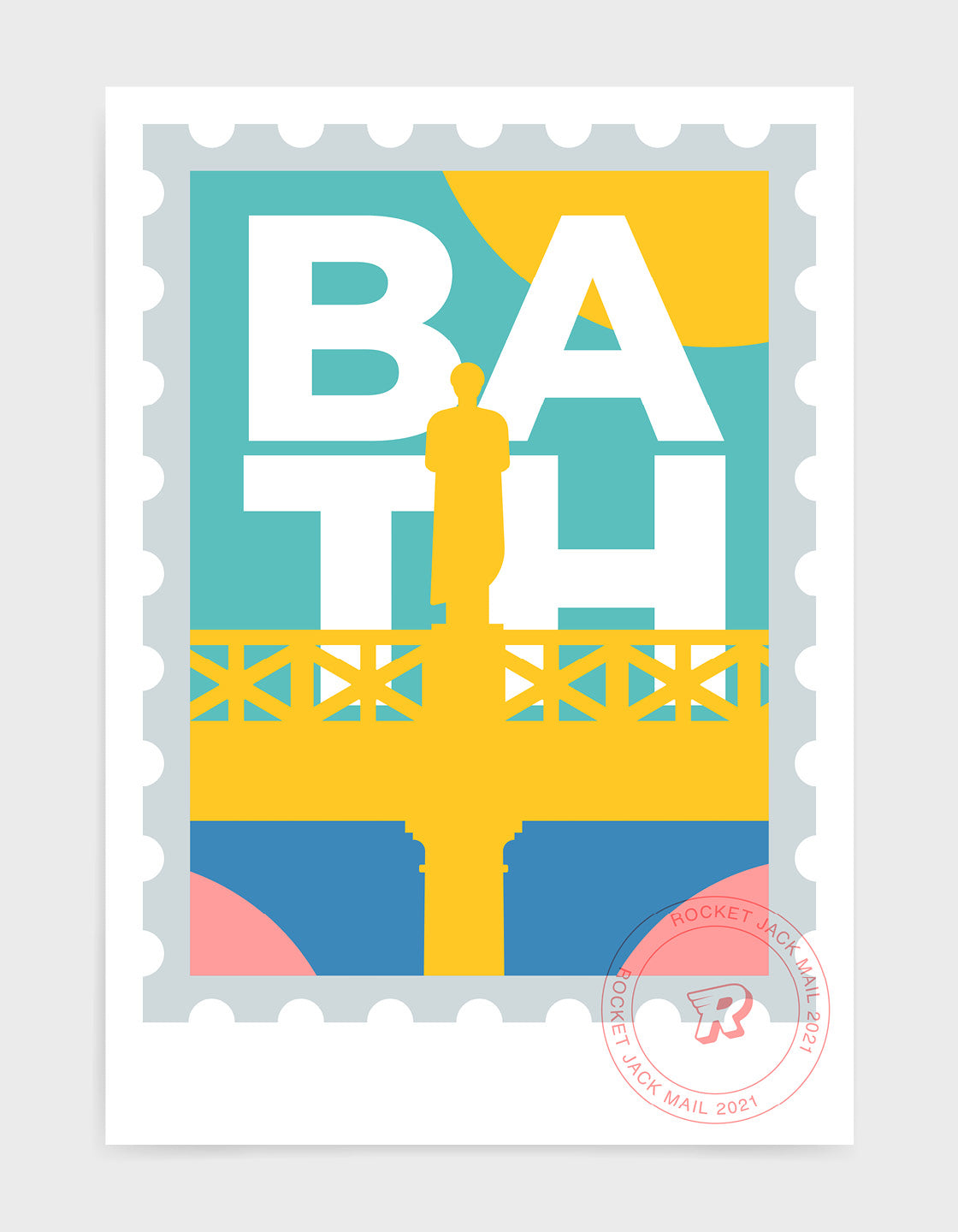 A beautifully designed Bath city stamp poster showcasing the iconic architecture and scenery of Bath, Somerset.