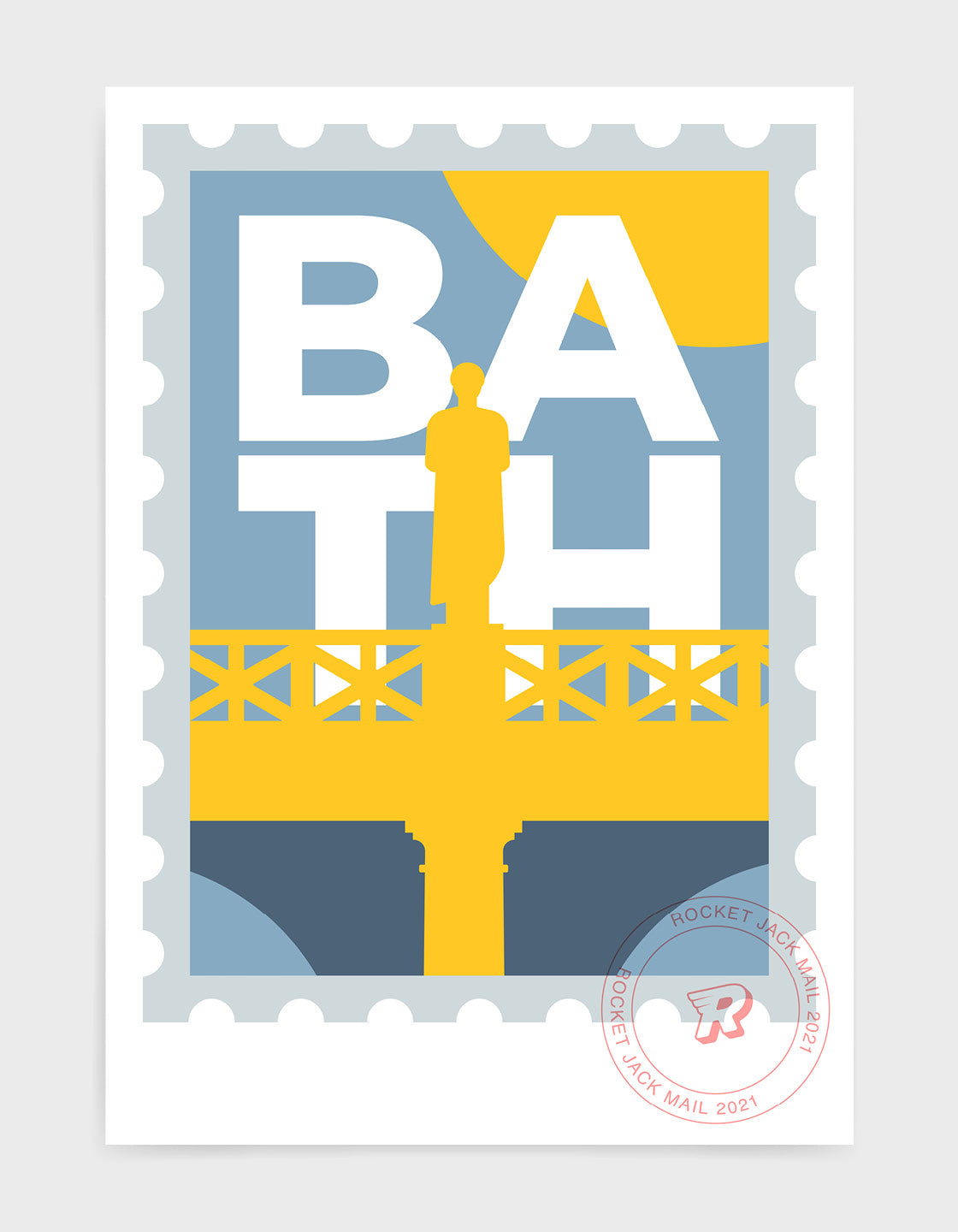 A beautifully designed Bath city stamp poster showcasing the iconic architecture and scenery of Bath, Somerset.