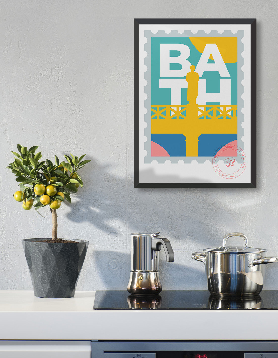 A beautifully designed Bath city stamp poster showcasing the iconic architecture and scenery of Bath, Somerset.