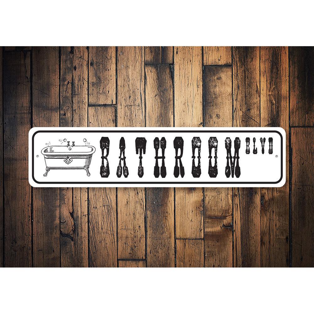 Customizable Bathroom Street Sign made from high-quality aluminum, featuring pre-drilled holes for easy mounting.