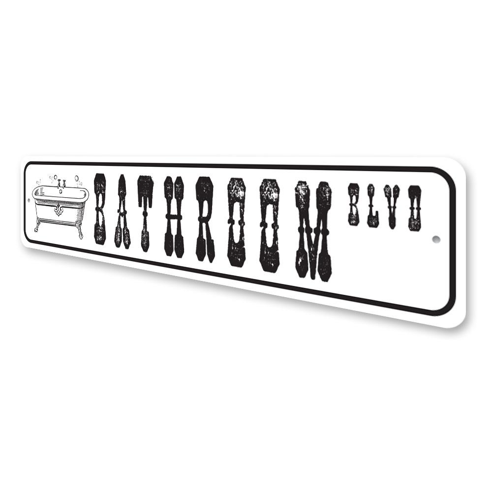 Customizable Bathroom Street Sign made from high-quality aluminum, featuring pre-drilled holes for easy mounting.