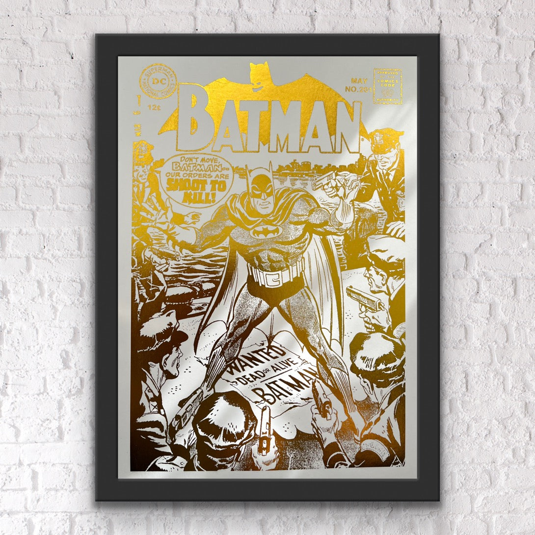 Batman Comic Cover Foil Print Gold featuring the Dark Knight in a striking design with gold foil accents.