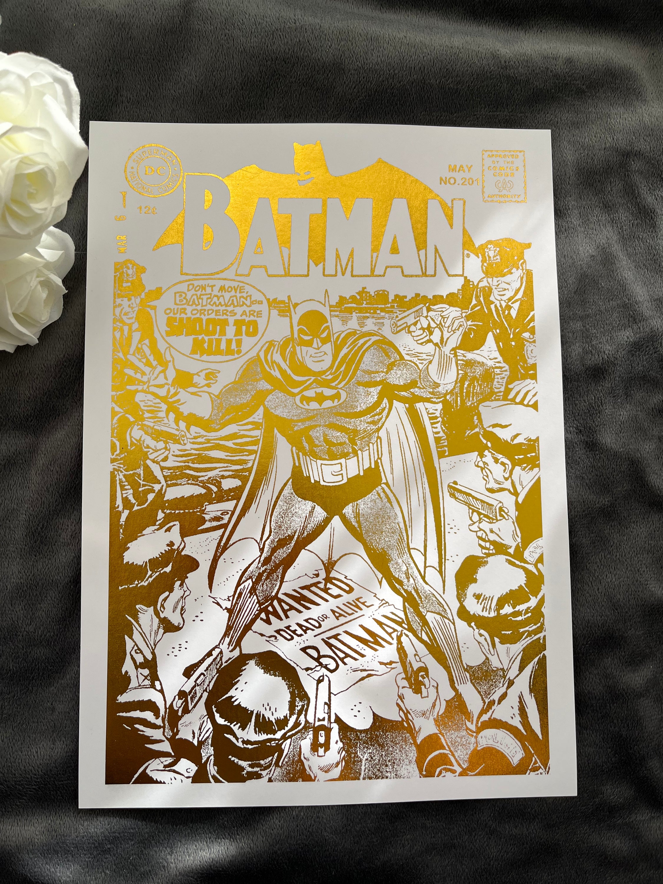 Batman Comic Cover Foil Print Gold featuring the Dark Knight in a striking design with gold foil accents.