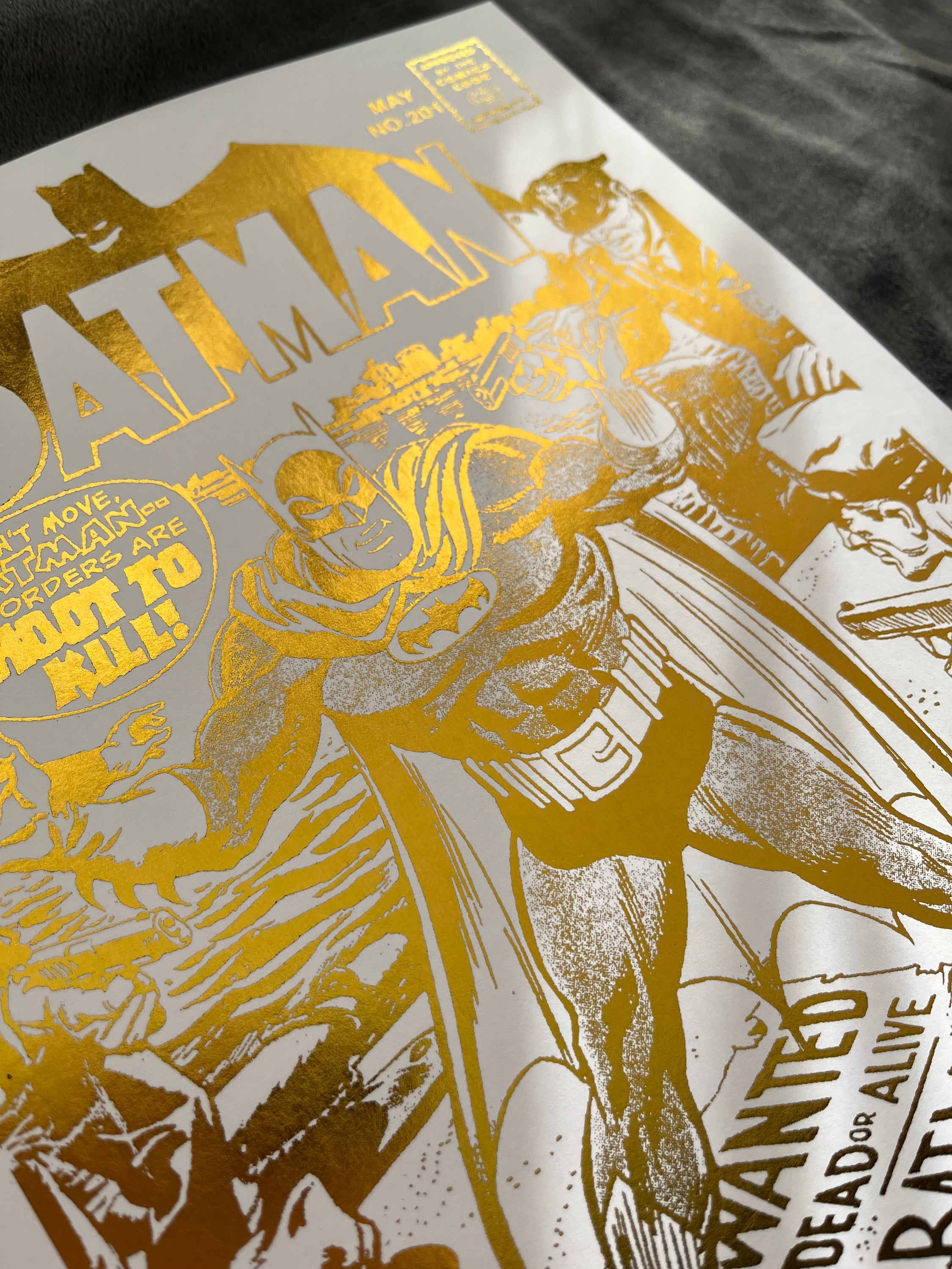 Batman Comic Cover Foil Print Gold featuring the Dark Knight in a striking design with gold foil accents.