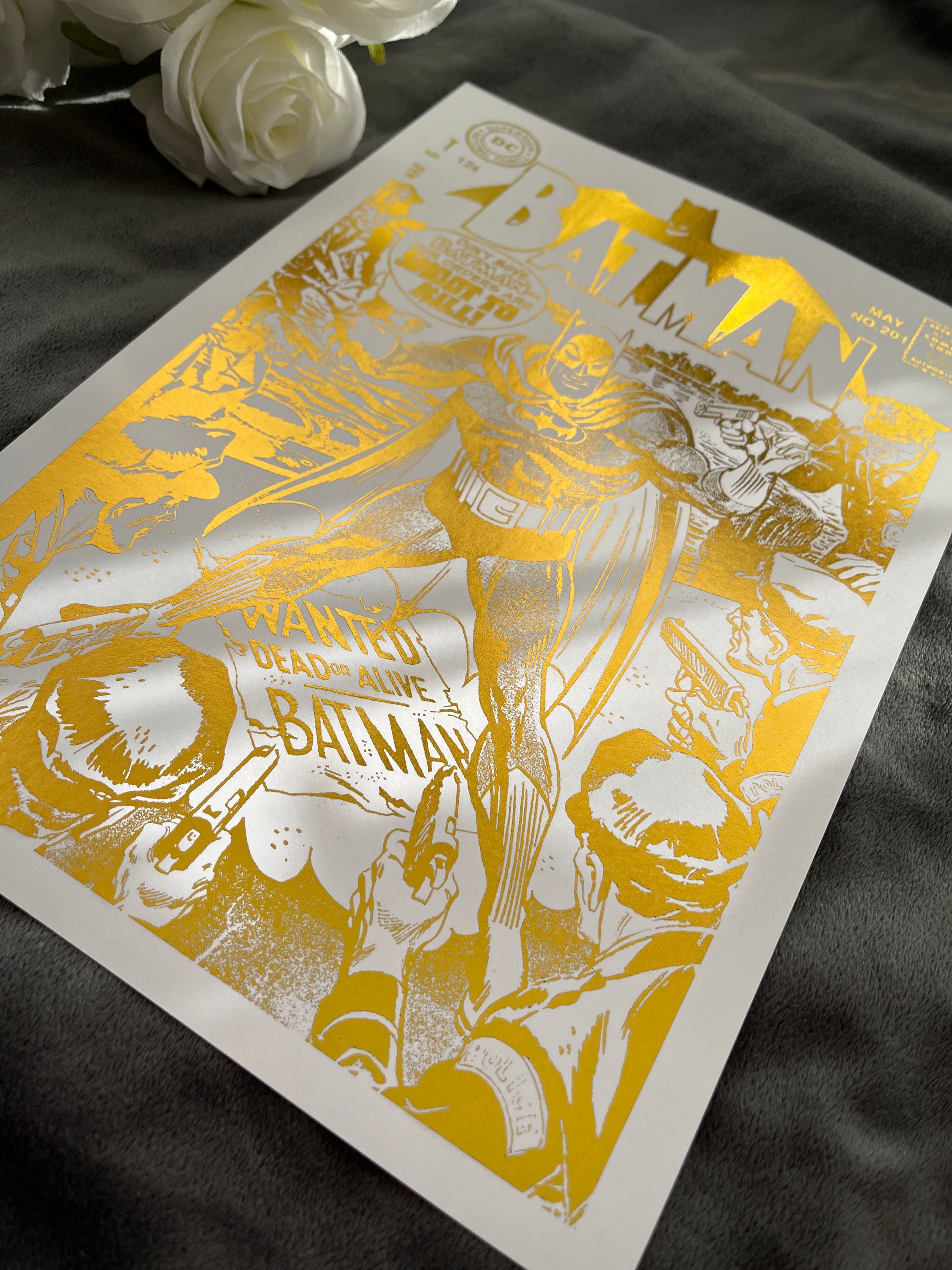 Batman Comic Cover Foil Print Gold featuring the Dark Knight in a striking design with gold foil accents.