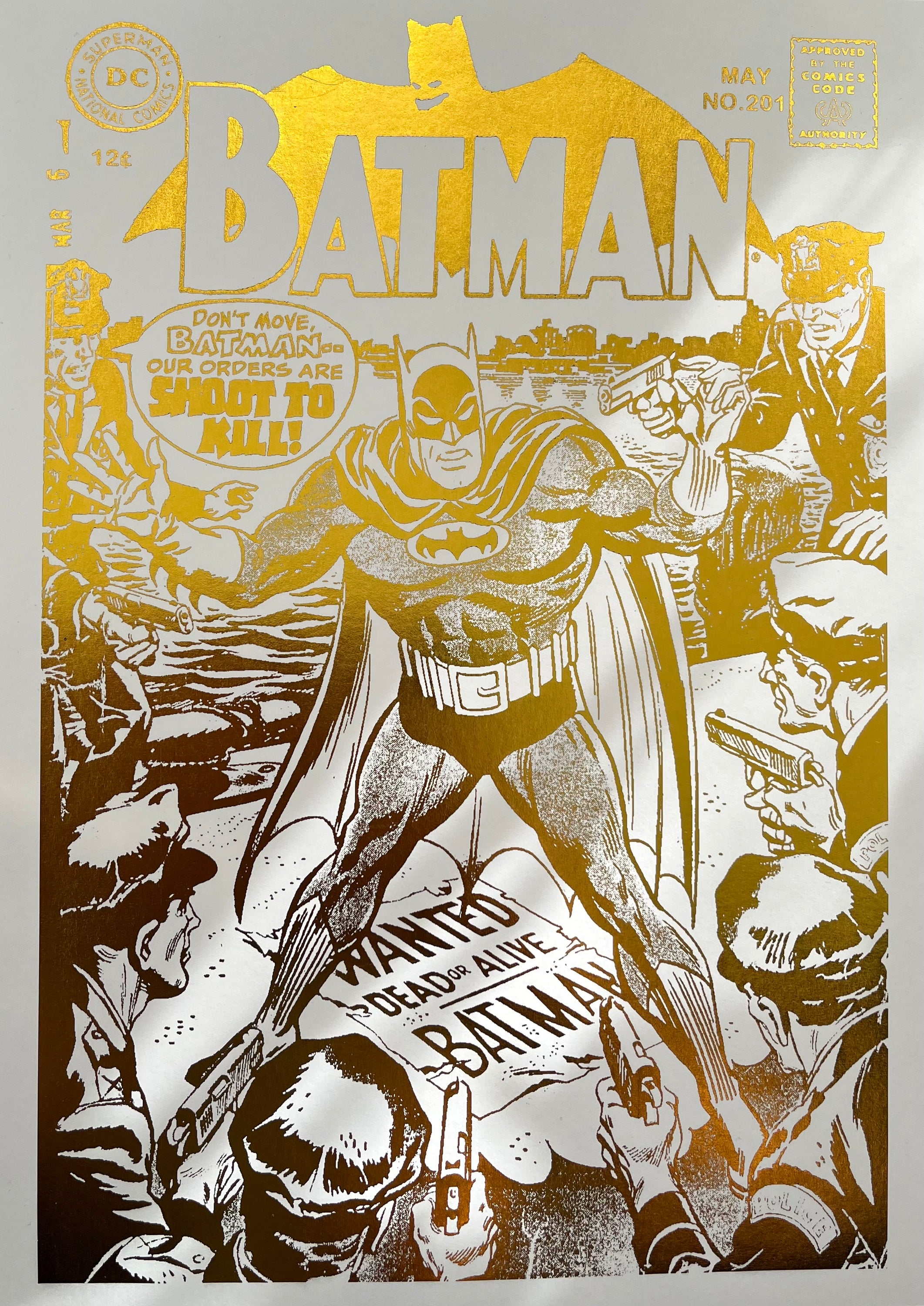 Batman Comic Cover Foil Print Gold featuring the Dark Knight in a striking design with gold foil accents.