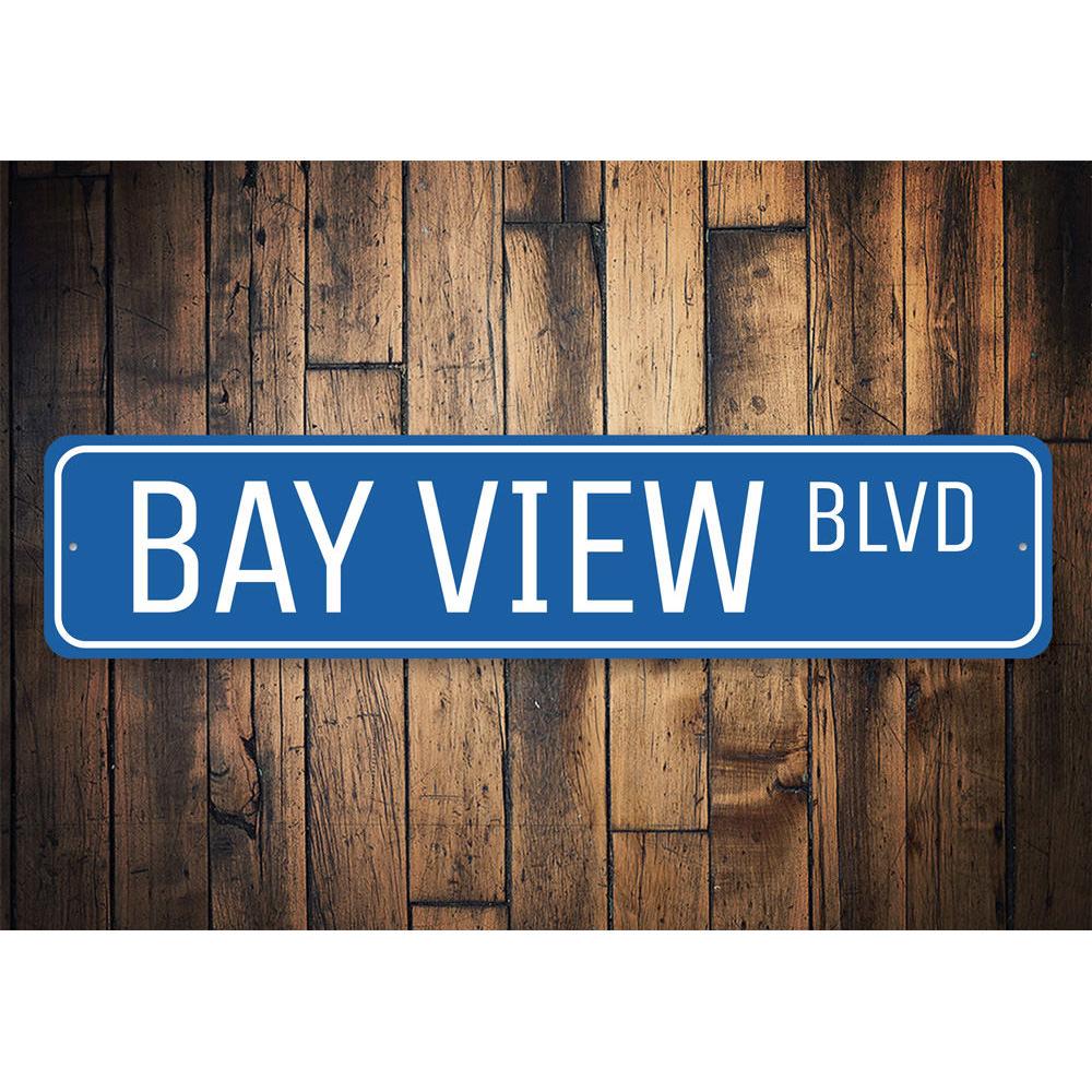 Bay View Blvd Sign made of high-quality aluminum, featuring customizable text and pre-drilled holes for easy mounting.