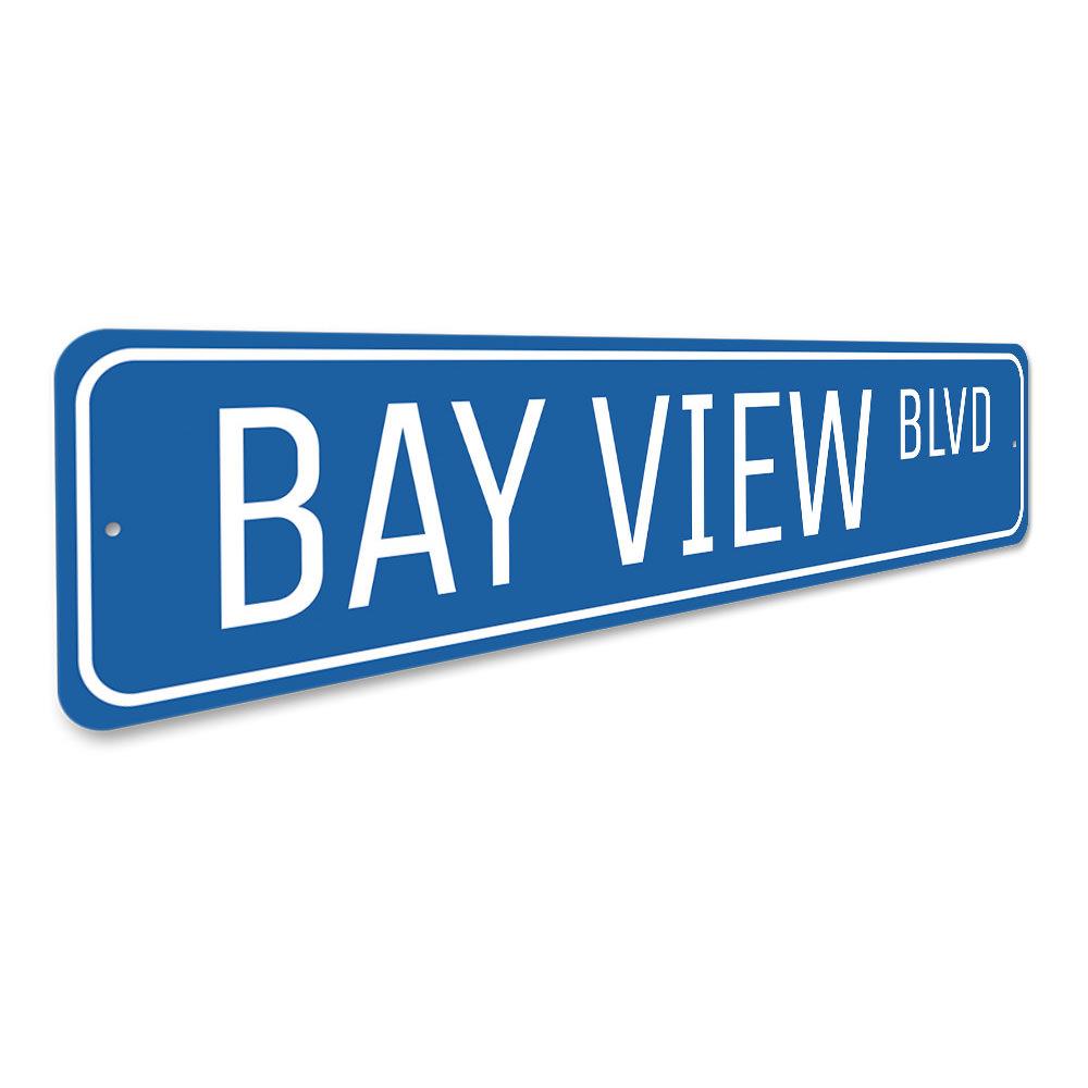 Bay View Blvd Sign made of high-quality aluminum, featuring customizable text and pre-drilled holes for easy mounting.