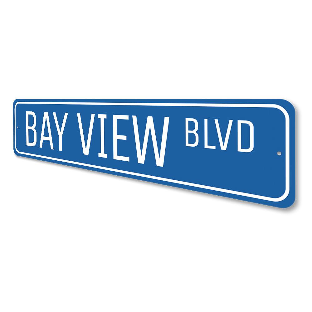 Bay View Blvd Sign made of high-quality aluminum, featuring customizable text and pre-drilled holes for easy mounting.