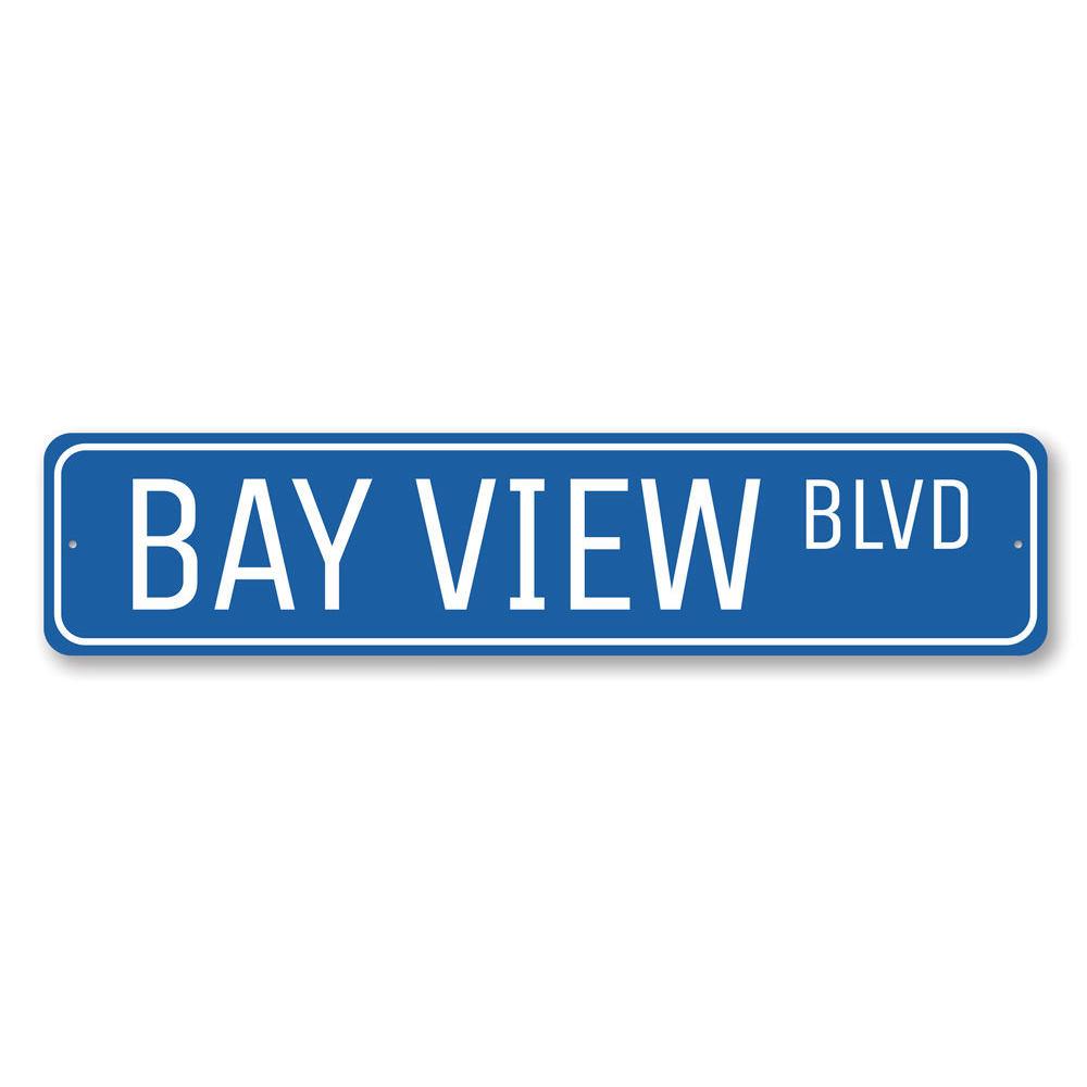 Bay View Blvd Sign made of high-quality aluminum, featuring customizable text and pre-drilled holes for easy mounting.