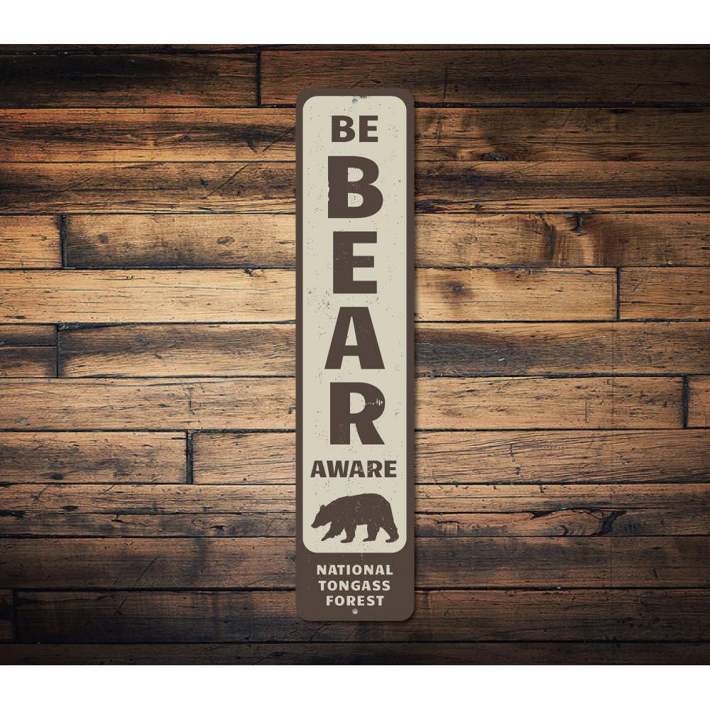 Be Bear Aware Vertical Sign made of durable aluminum, featuring a bear graphic and customizable text, perfect for lakeside decor.