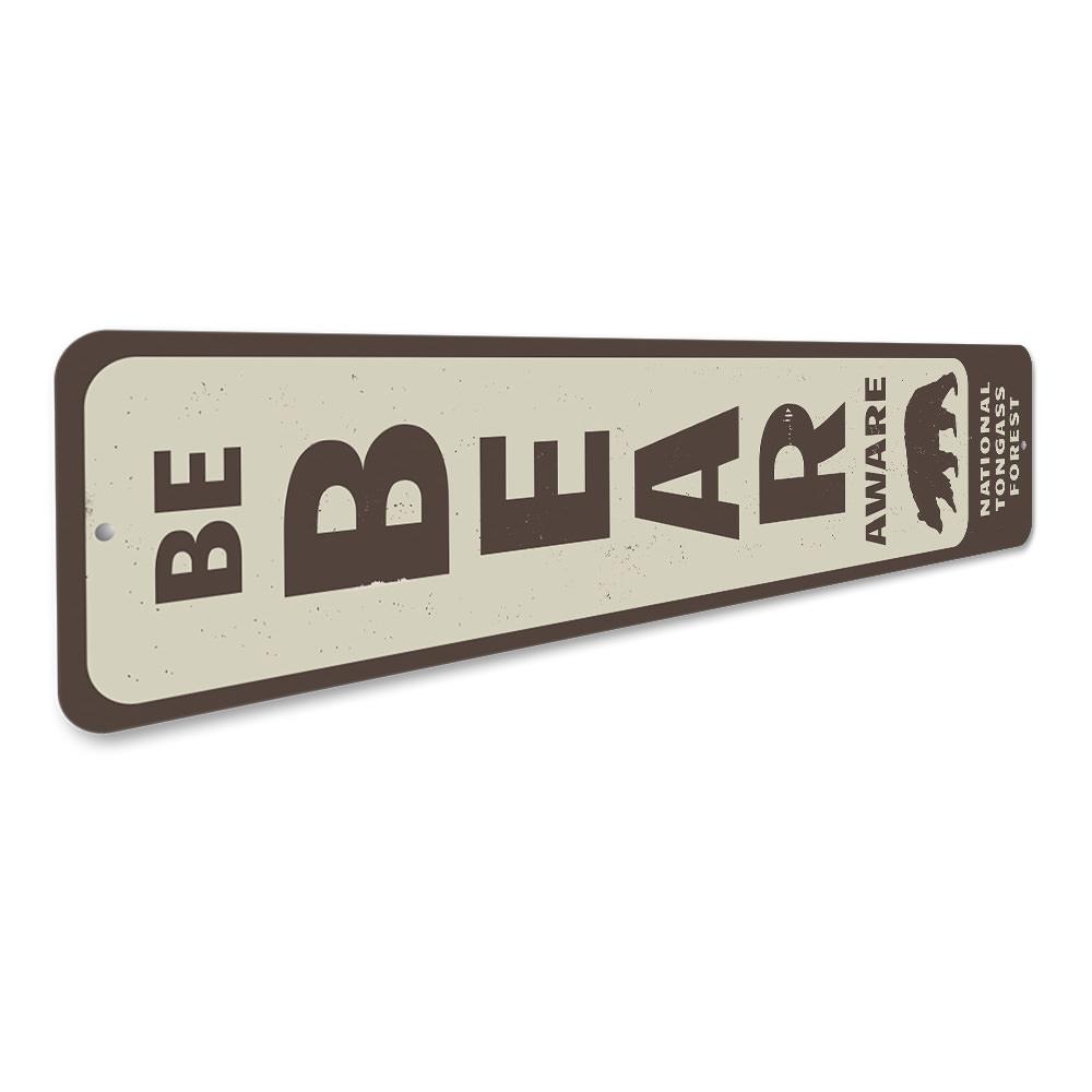 Be Bear Aware Vertical Sign made of durable aluminum, featuring a bear graphic and customizable text, perfect for lakeside decor.