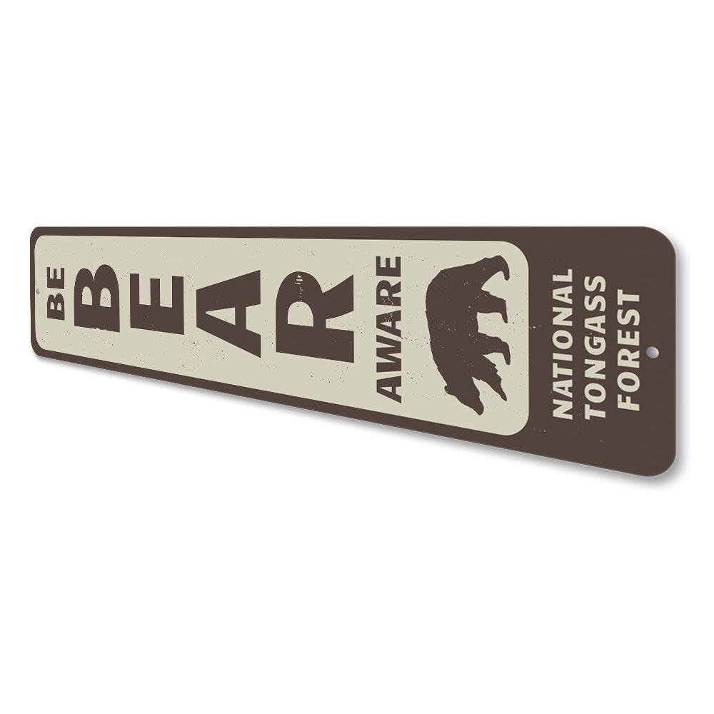 Be Bear Aware Vertical Sign made of durable aluminum, featuring a bear graphic and customizable text, perfect for lakeside decor.