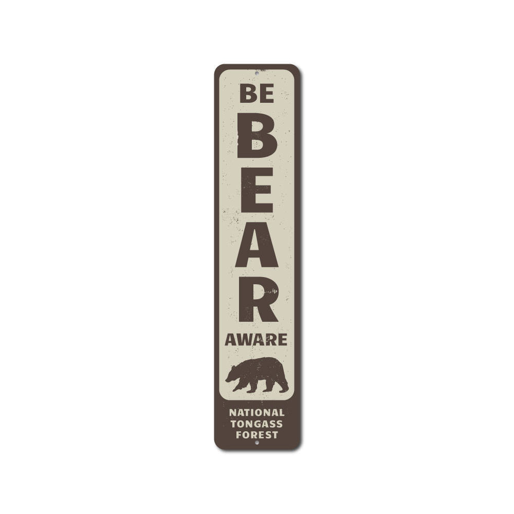 Be Bear Aware Vertical Sign made of durable aluminum, featuring a bear graphic and customizable text, perfect for lakeside decor.