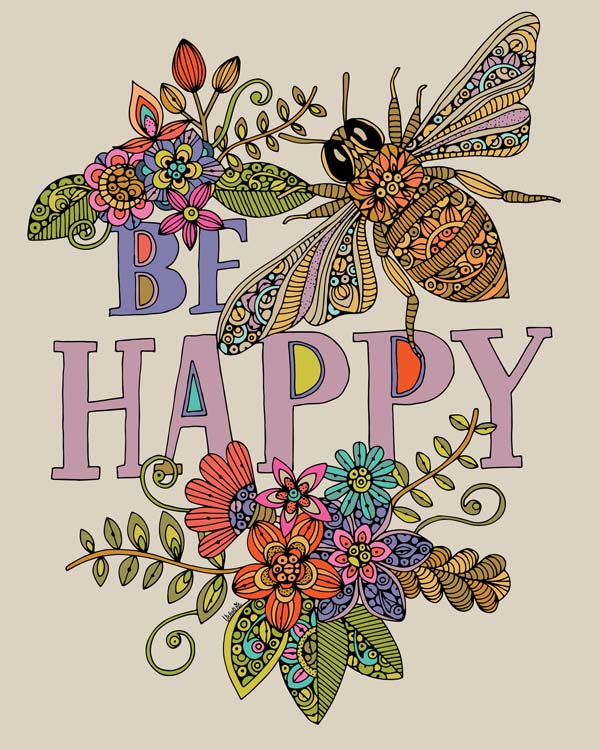 A vibrant archival art print titled 'Be Happy', featuring original pen and ink art with digital coloring, sized 8x10 inches.