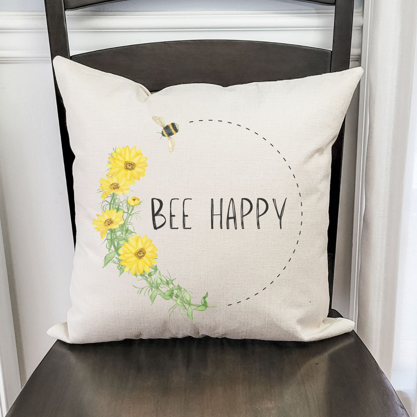 Bee Happy Pillow Cover in Farmhouse Beige, showcasing a beautiful woven linen texture, perfect for home decor.