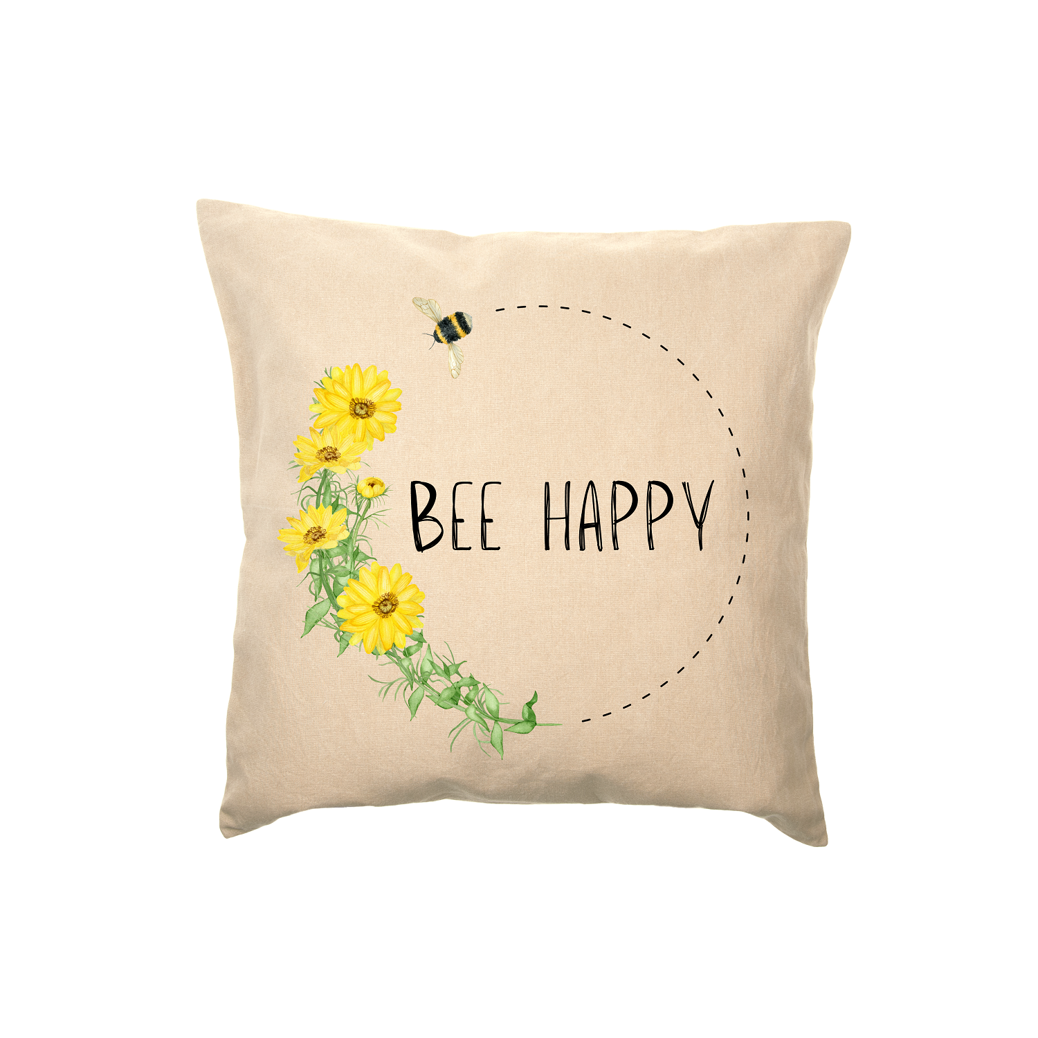 Bee Happy Pillow Cover in Farmhouse Beige, showcasing a beautiful woven linen texture, perfect for home decor.