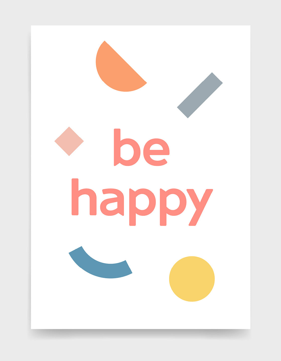 A vibrant 'Be Happy' typographic print showcasing colorful letters on a white background, perfect for modern interiors.