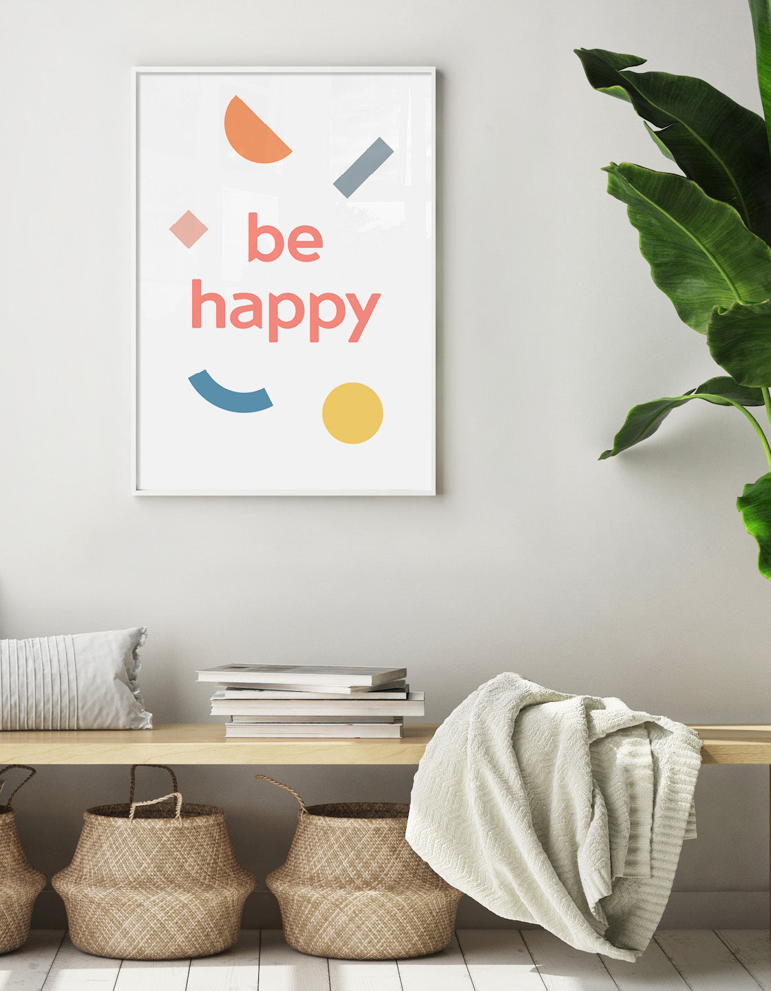 A vibrant 'Be Happy' typographic print showcasing colorful letters on a white background, perfect for modern interiors.