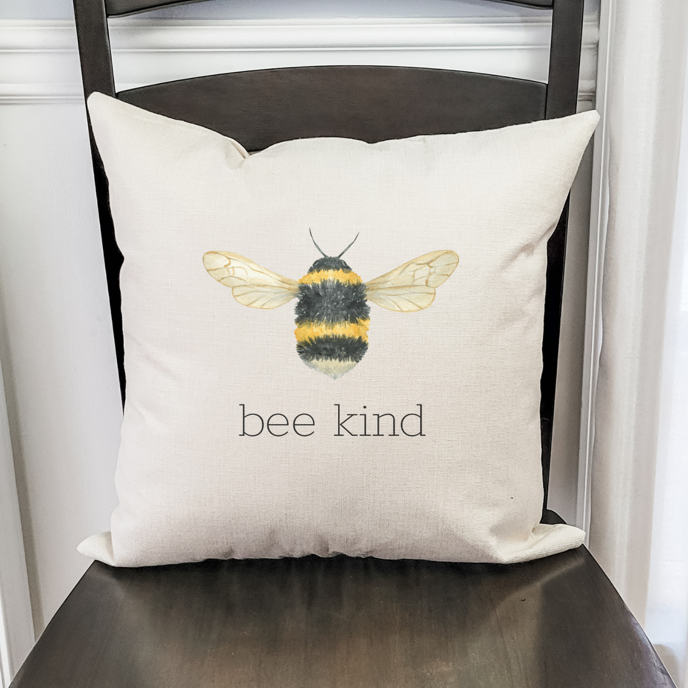 Bee Kind Pillow Cover in rustic woven linen, showcasing a soft Farmhouse Beige color, perfect for home decor.