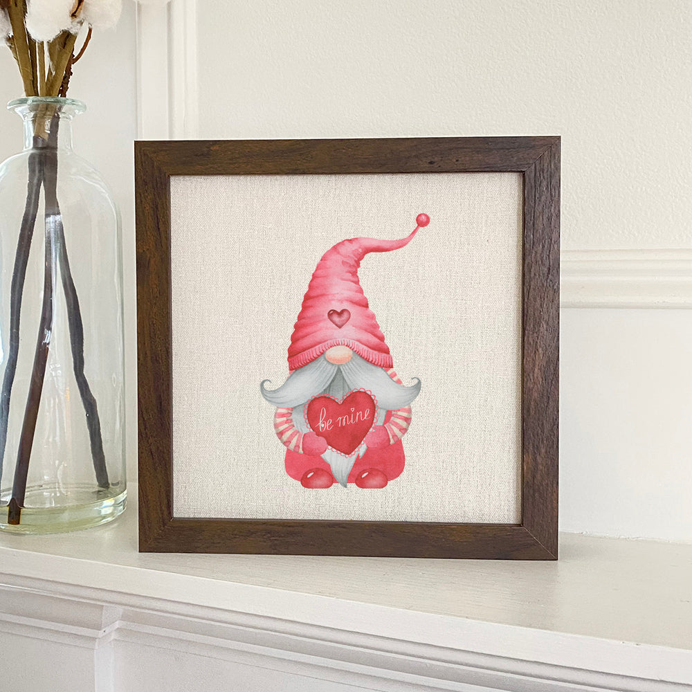 Be Mine Gnome framed sign with a wood frame and linen-look background, perfect for home decor.