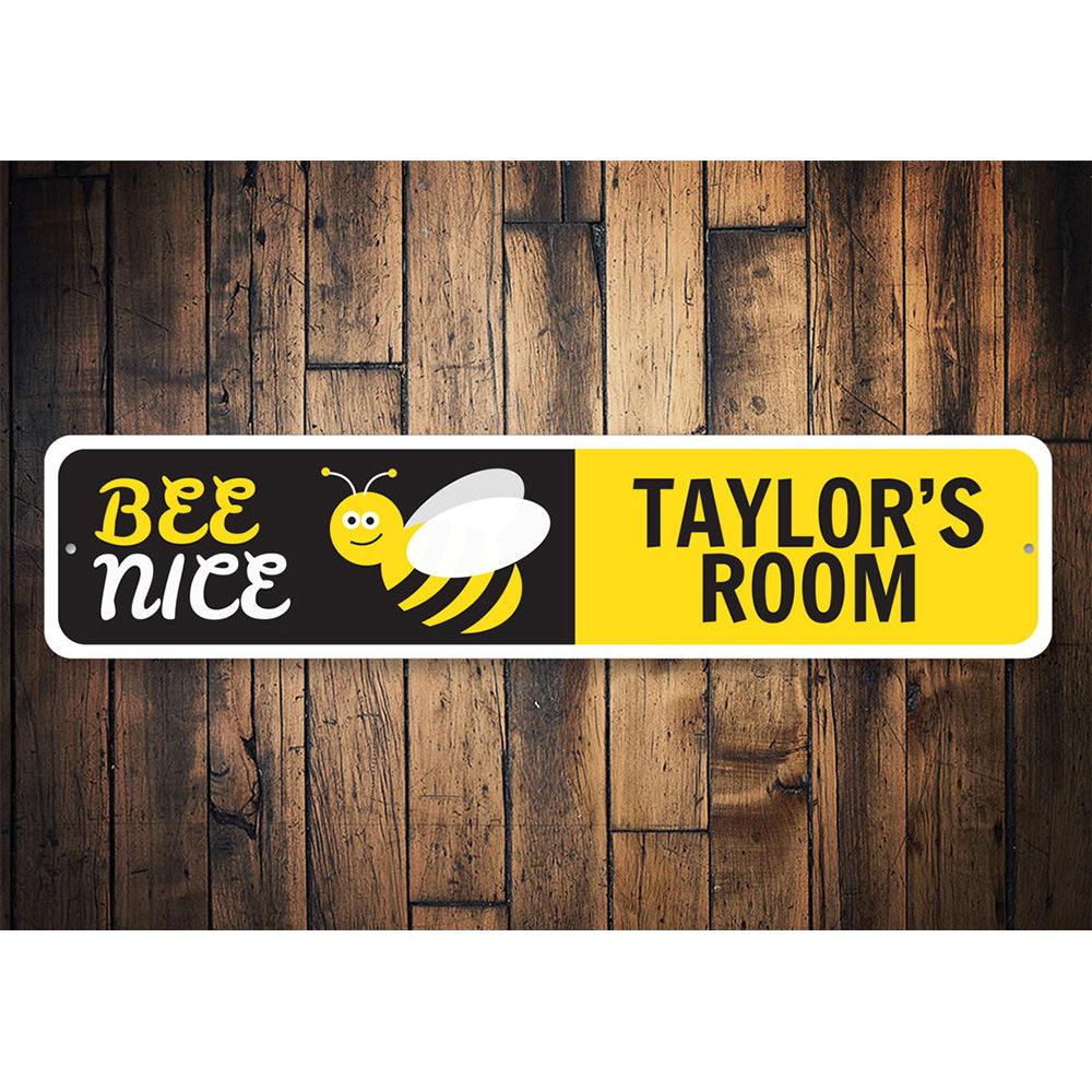 A decorative Bee Sign made of high-quality aluminum, featuring vibrant colors and customizable text, perfect for kids' rooms and unique gifts.