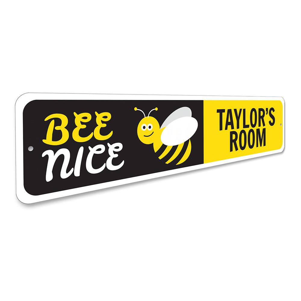 A decorative Bee Sign made of high-quality aluminum, featuring vibrant colors and customizable text, perfect for kids' rooms and unique gifts.